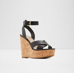 NEW Cork Base Leather Strappy Wedges - Black